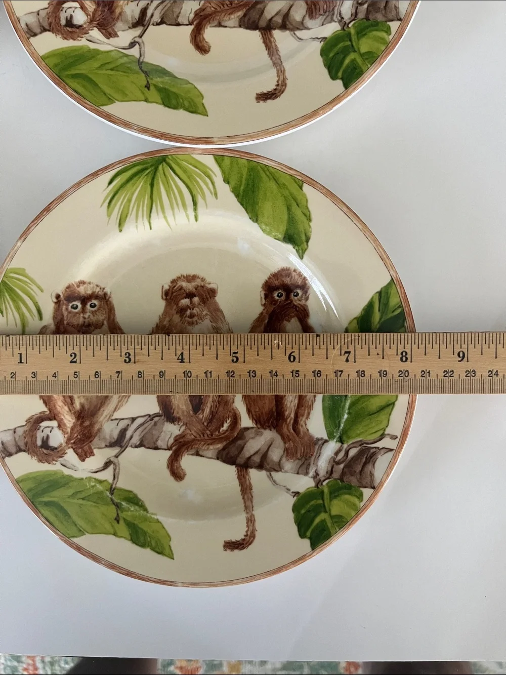 American Atelier Three monkeys porcelain salad plates hear see speak no evil 8”